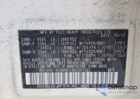 2013 Subaru Outback 2.5I Premium from USA, damaged, VIN 4S4BRBCC6D3321122